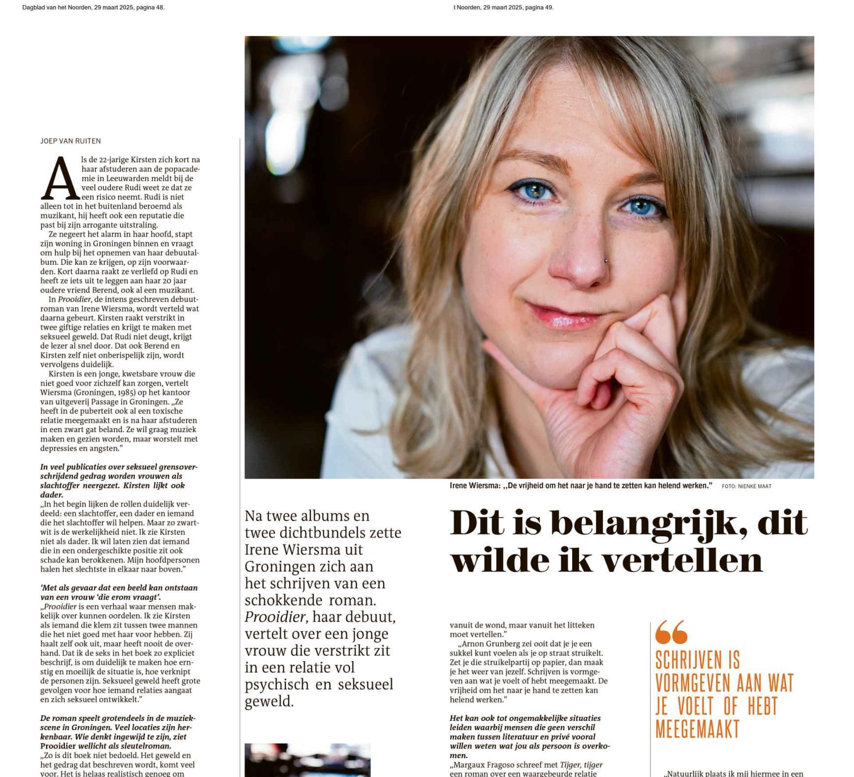 Tijdschriftpagina met een close-upportret van een blonde vrouw en een Nederlandse koptekst.