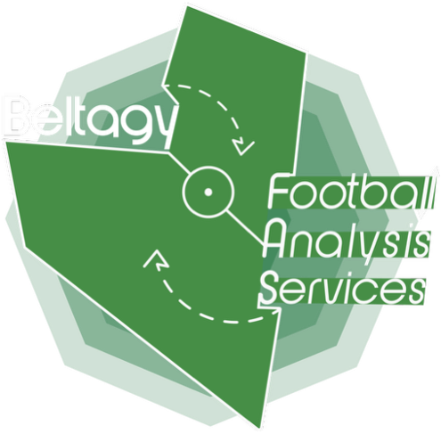 Green soccer field logo with “Football Analysis Services” text and white dashed arrows around a center circle