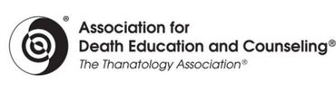 Logo of Association for Death Education and Counseling: black and white yin-yang symbol with text.