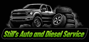 Logo for Still's Mechanical featuring a truck and tires, green text on a black background.