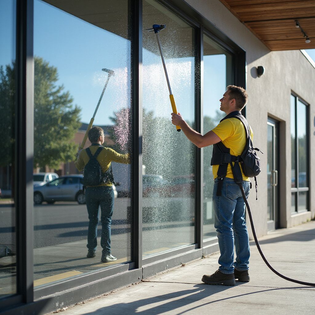Person washing windows of a building with a long-handled tool and water supply. Sunny day, outdoors.