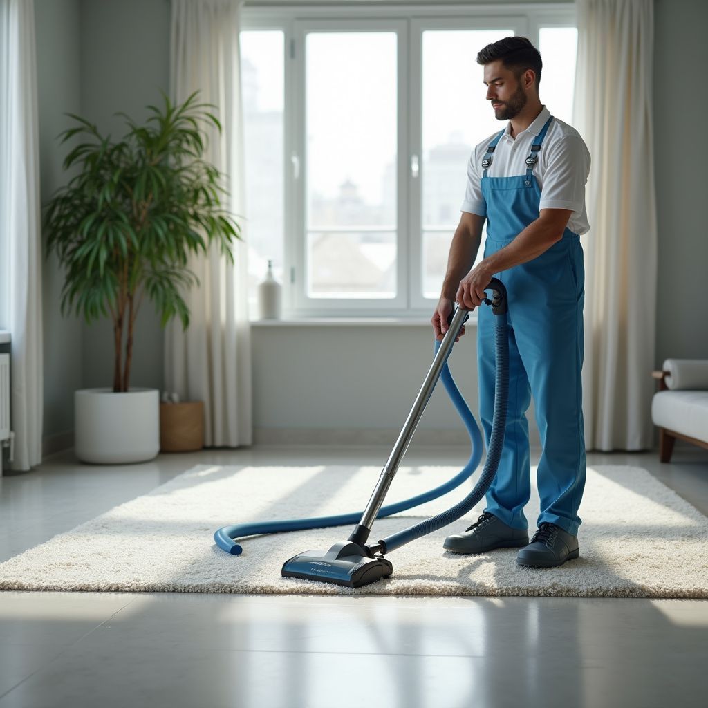 Man in blue overalls vacuums a white rug in a well-lit room, with a large window and potted plant.