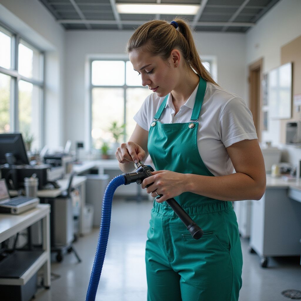 Woman in green apron connecting a hose in an office setting.