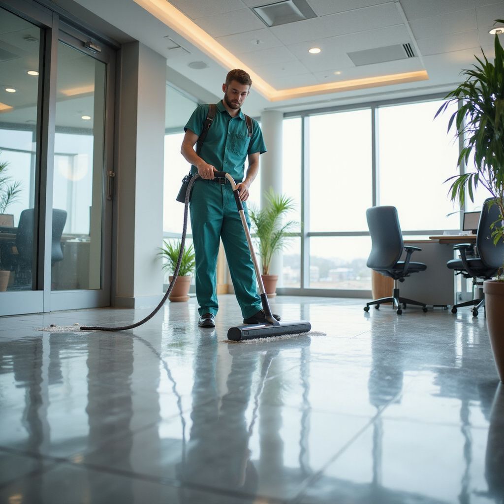 Person in green uniform vacuuming a shiny office floor. Large windows, plants, and office furniture visible.