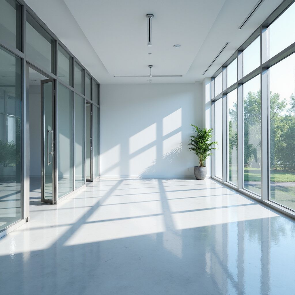 A bright, empty office hallway with large windows, glass walls, and a potted plant.