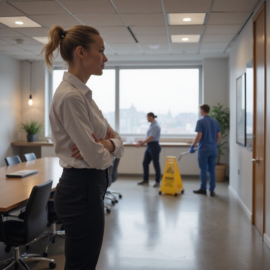 Woman in office, arms crossed, watches cleaning staff. Conference table, wet floor sign.
