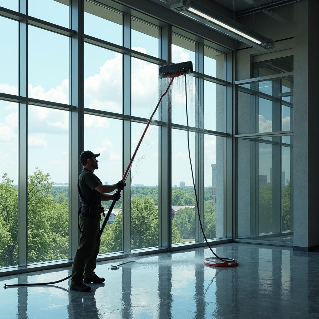 Man washing large glass windows with a long-handled brush inside a building with a city view.