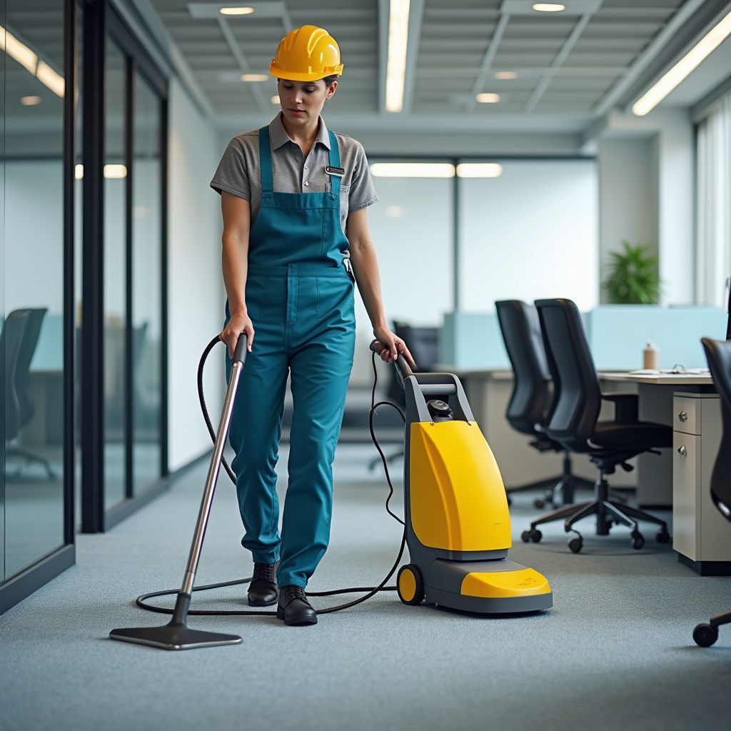 Person in overalls and hard hat operating a floor cleaning machine in an office setting.