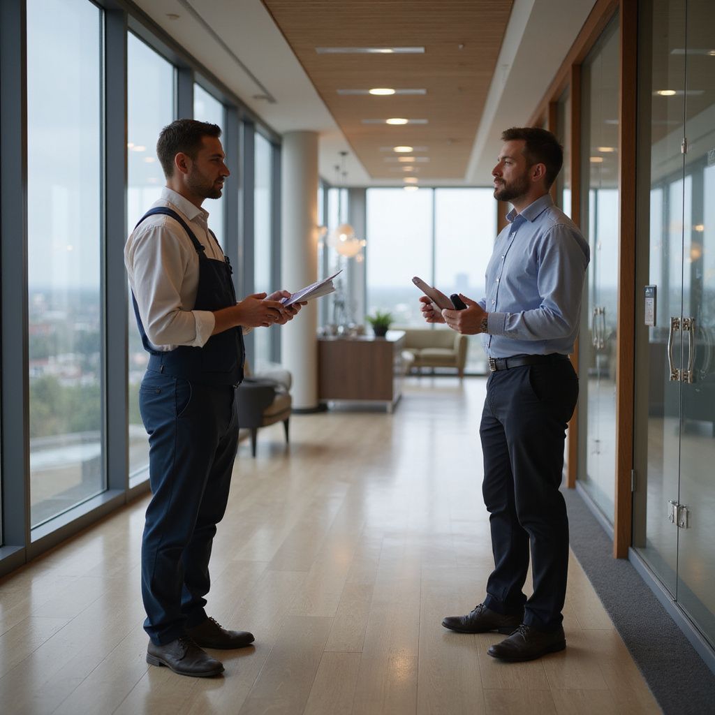 Man in overalls and man in dress shirt talking in a brightly lit hallway, holding papers.
