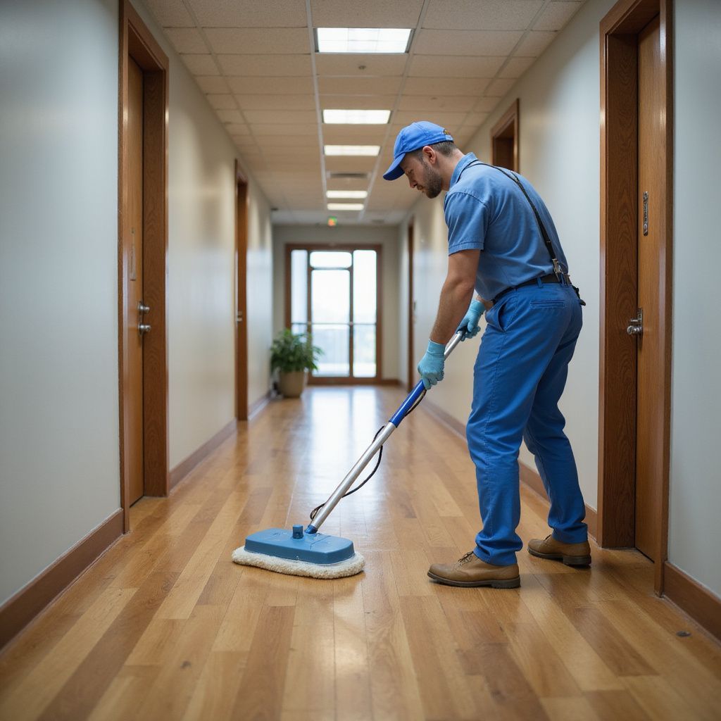 Man in blue uniform cleaning a hallway floor with a machine.