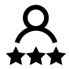 Um ícone preto e branco de uma pessoa com três estrelas.