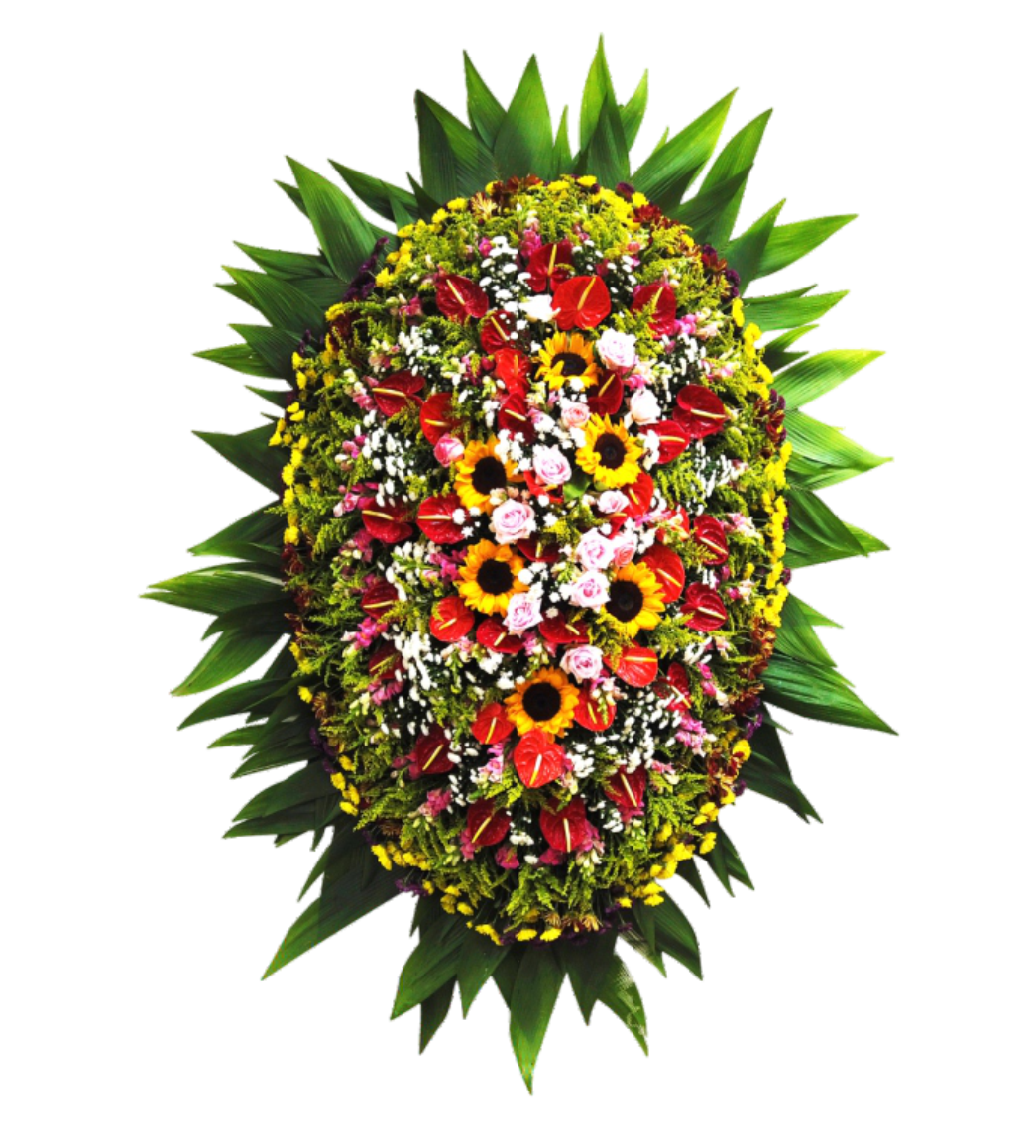 Um buquê de flores vermelhas e amarelas rodeadas por folhas verdes