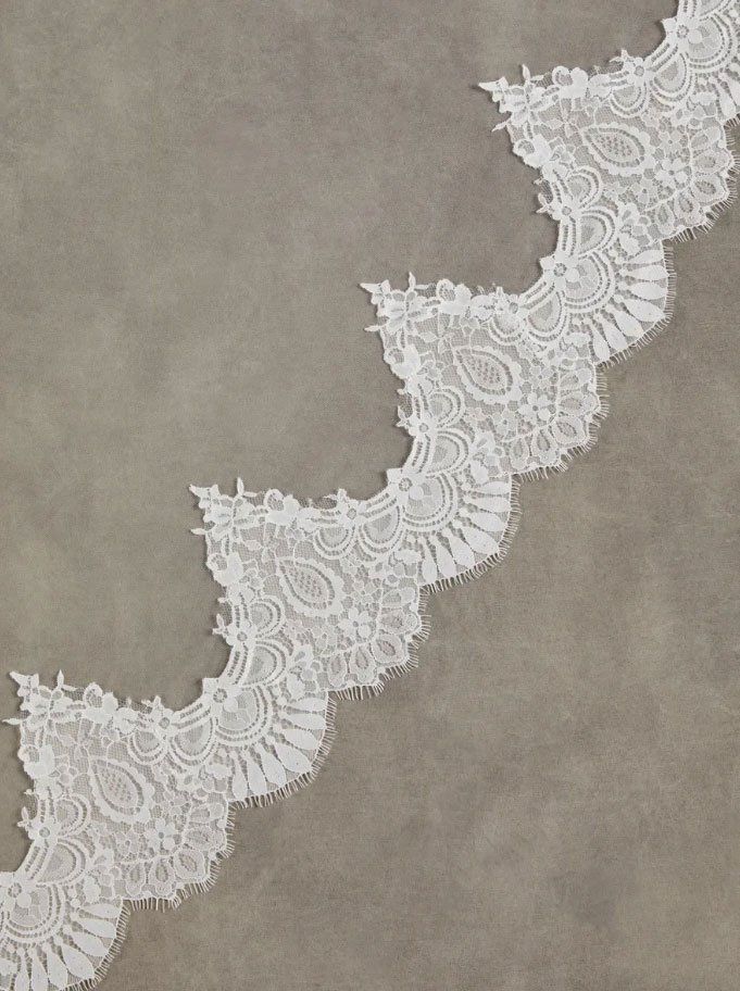 Una striscia di pizzo bianco smerlato con intricati motivi floreali su uno sfondo grigio uniforme.