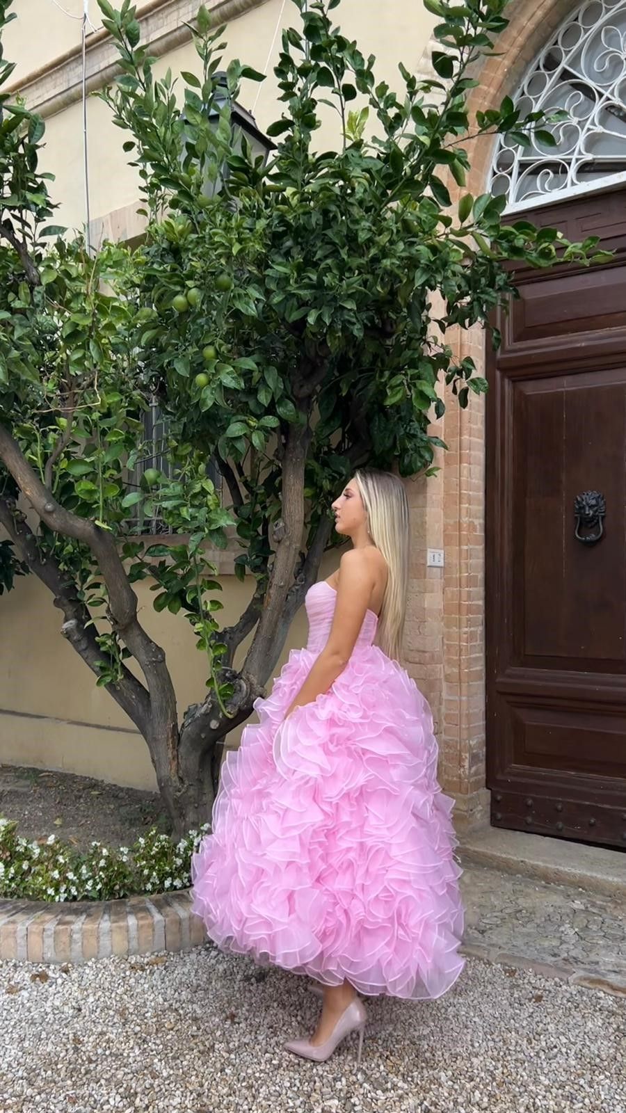 Una persona è in piedi all'aperto, con indosso un voluminoso abito di tulle rosa a strati, accanto a un piccolo albero e a una porta di legno.