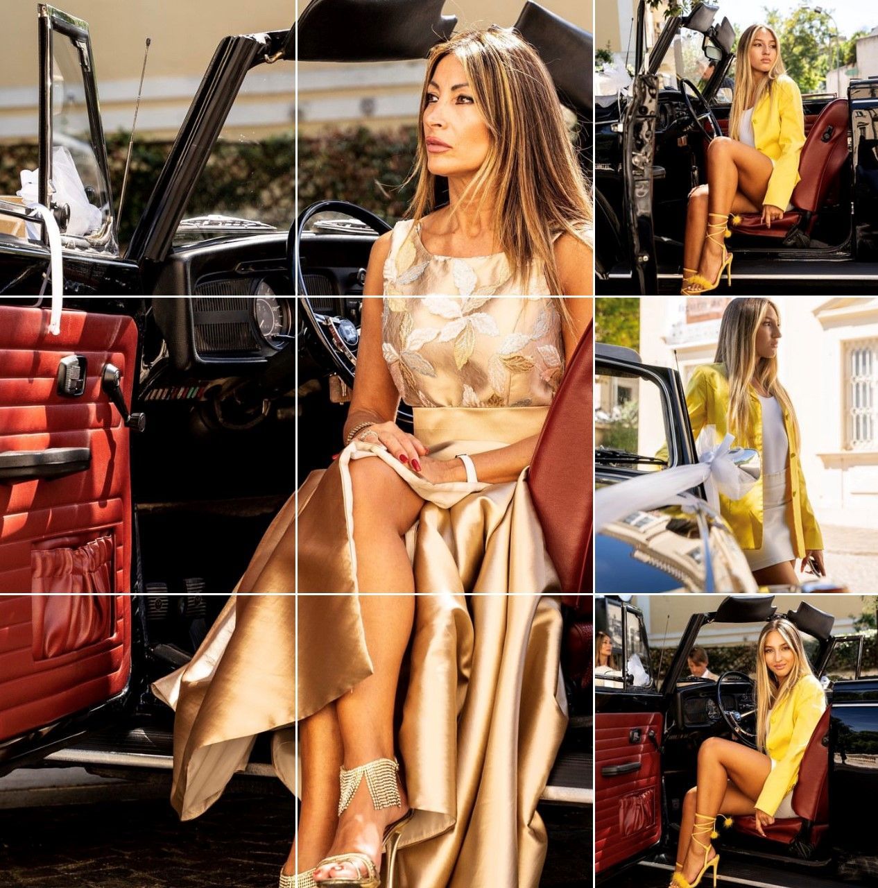 Un collage di foto che ritraggono una persona con indosso un abito dorato e un blazer giallo, mentre posa dentro e intorno a un'auto d'epoca.