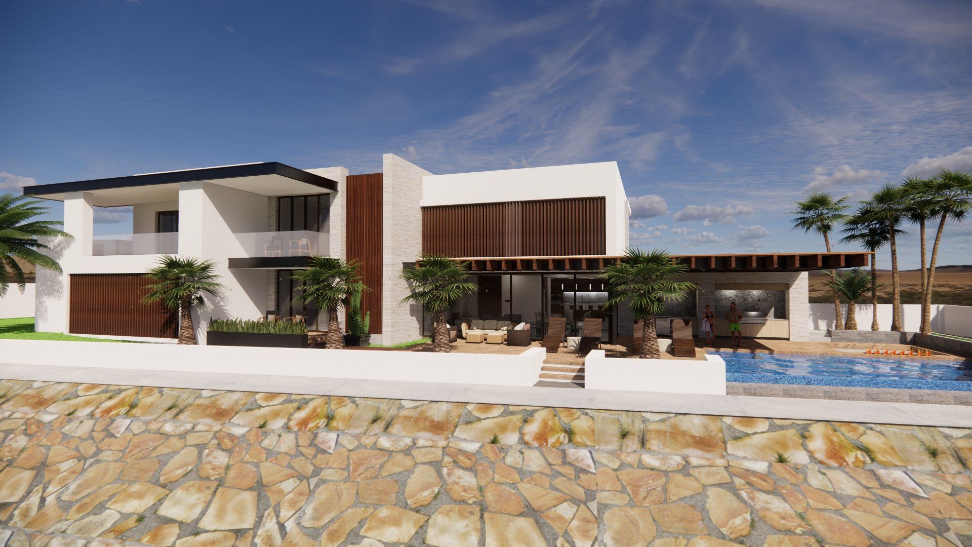 An artist 's impression of a modern house with a swimming pool.