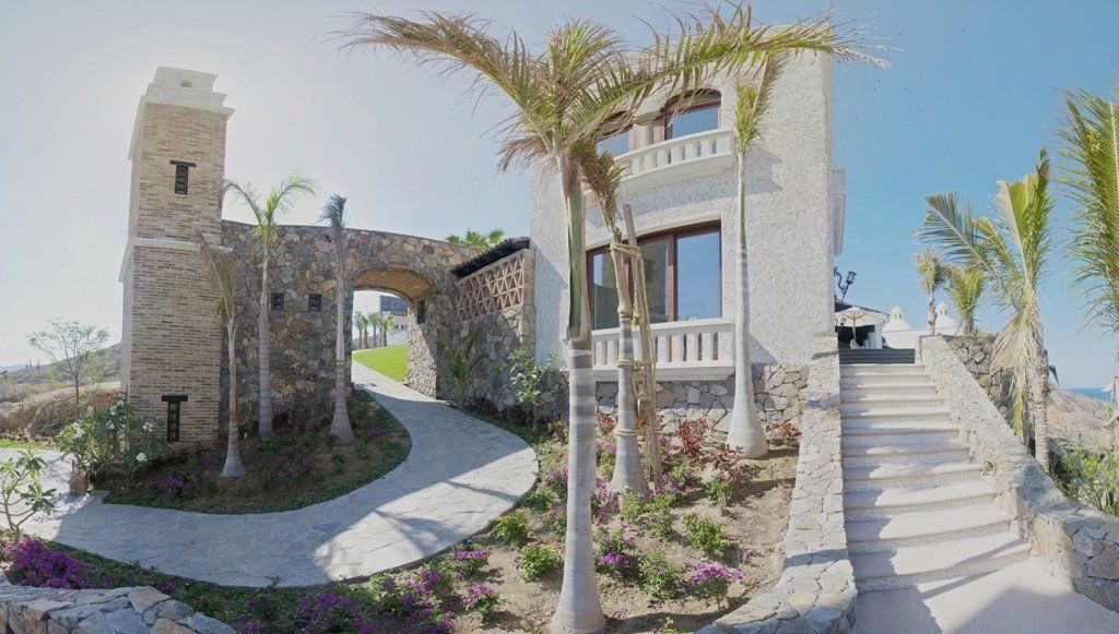 A large white building with stairs leading up to it is surrounded by palm trees.