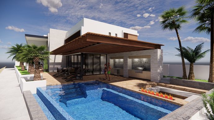 An artist 's impression of a house with a large swimming pool.