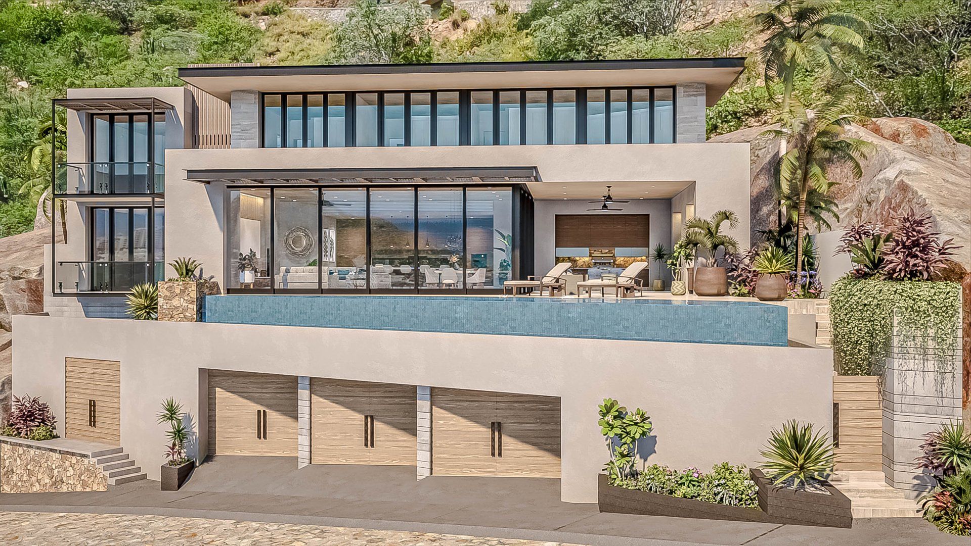 An artist 's impression of a large house with a swimming pool.