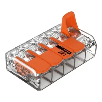 5 voudige Verbindingsklem met hendels voor alle soorten geleiders max. 4 mm²