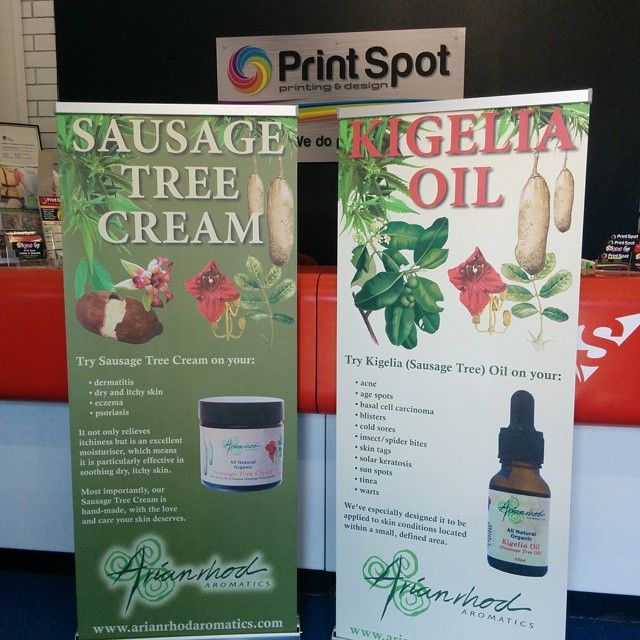 A Vertical Banner for Sausage Tree Cream and Kigela Oil — Print Spot Group in South Murwillumbah, NSW