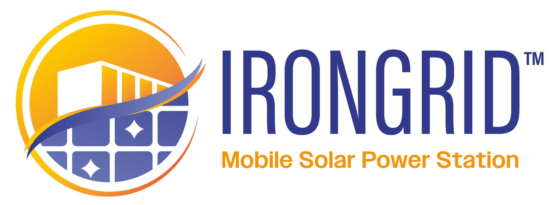 IRONGRID Mobile Solar Power Station logo with orange sun and blue shield icon