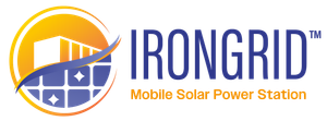 IRONGRID Mobile Solar Power Station logo with orange sun and blue shield icon