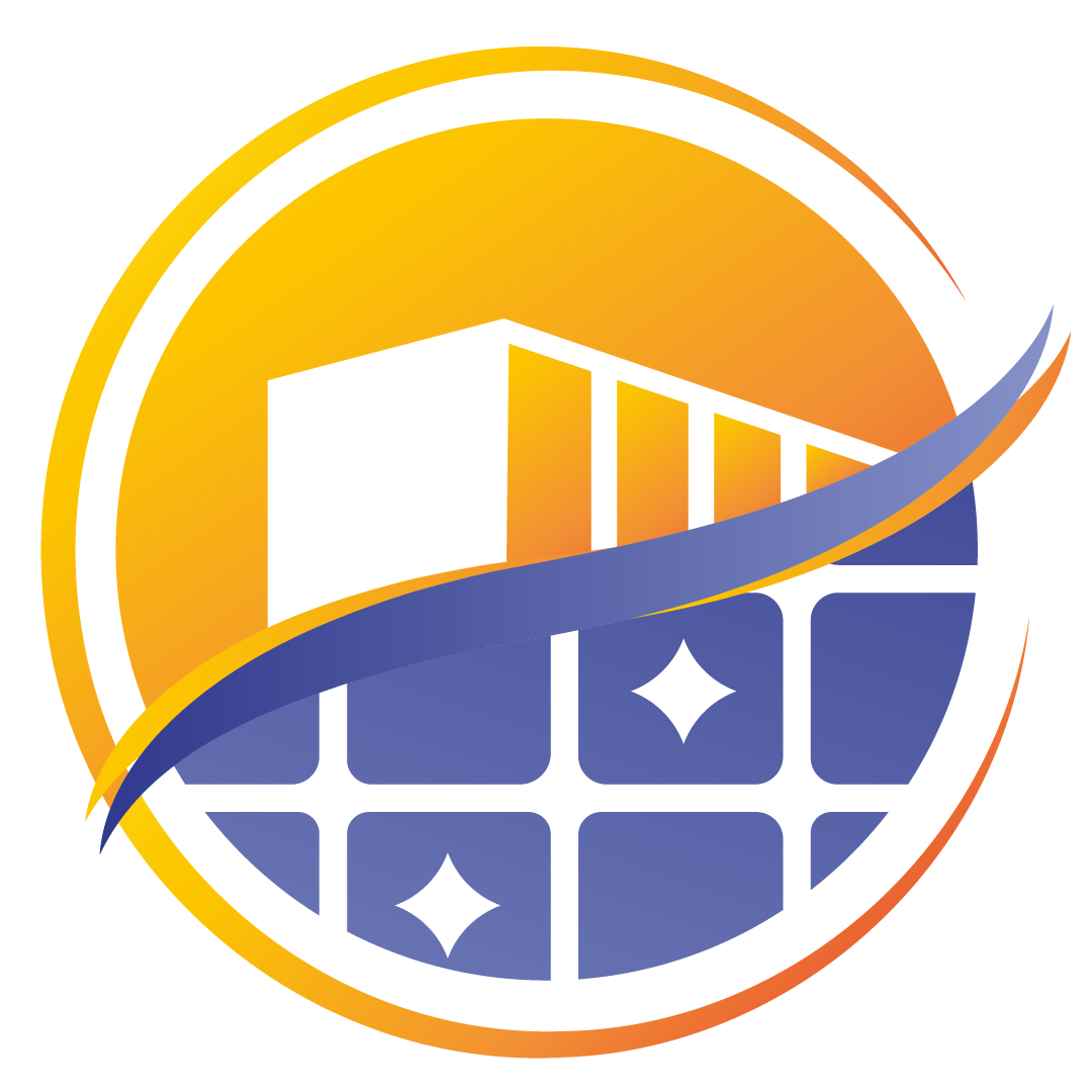 Stylized solar panel and building logo in orange, blue, and white with a sweeping arc