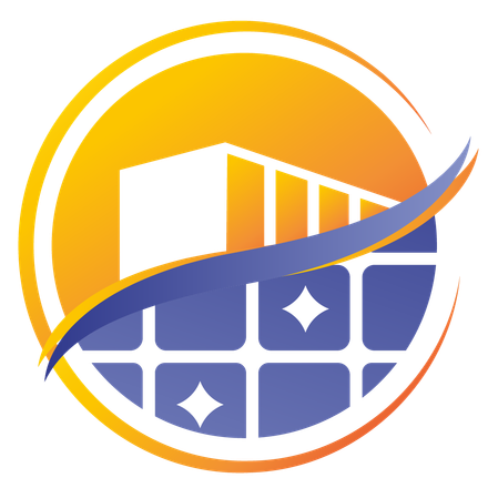 Stylized solar panel and building logo in orange, blue, and white with a sweeping arc