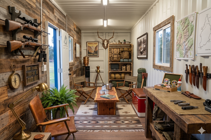 Rustic room with wooden furniture, maps, plants, and tools displayed along the walls.