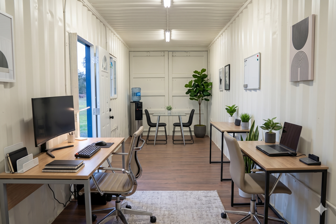 Small bright home office with two desks, computers, chairs, plants, and a narrow rug in a white room