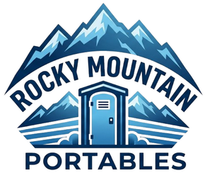 Rocky Mountain Portables logo with blue mountains and a portable restroom icon