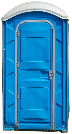 Blue portable toilet with white roof and closed door