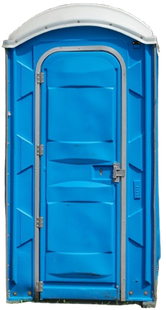 Blue portable toilet with white roof and closed door
