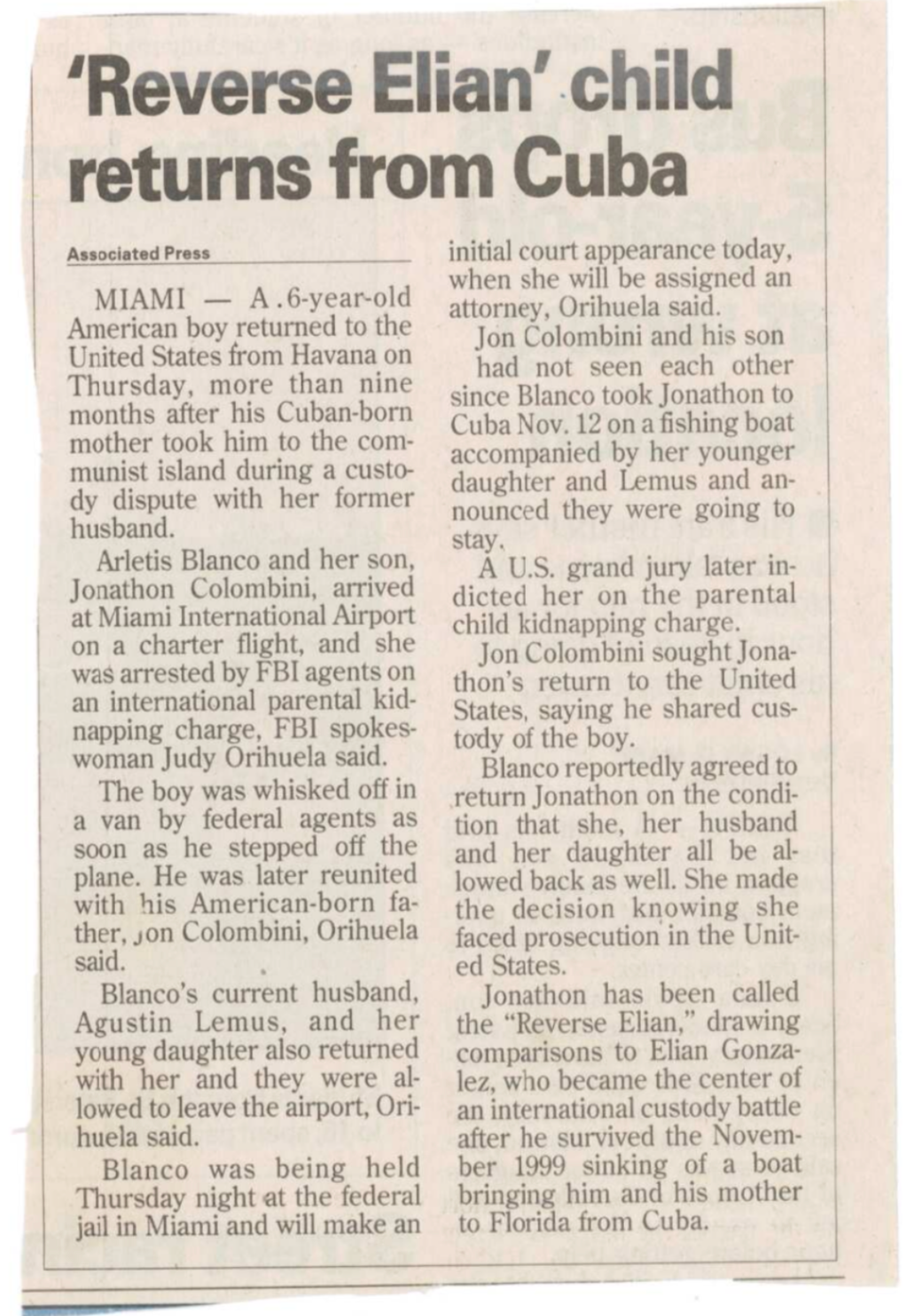 a newspaper article about reverse elian 's child returning from cuba