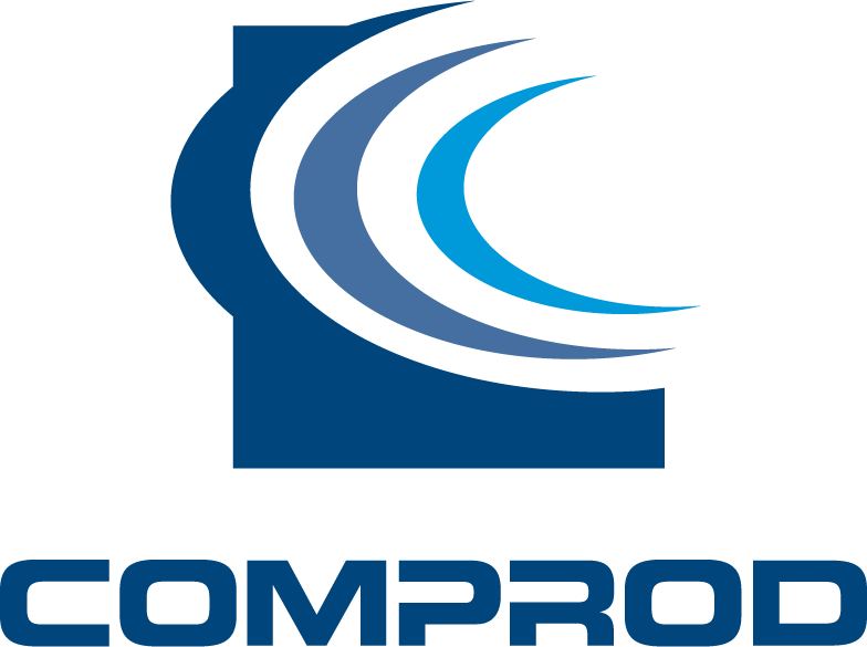 Logo bleu avec le mot COMPROD sous un motif tourbillon abstrait.