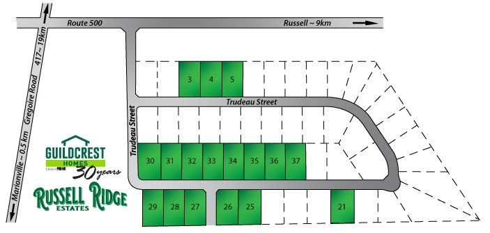 Une carte des Russell Ridge Estates montrant les terrains à bâtir et les rues.