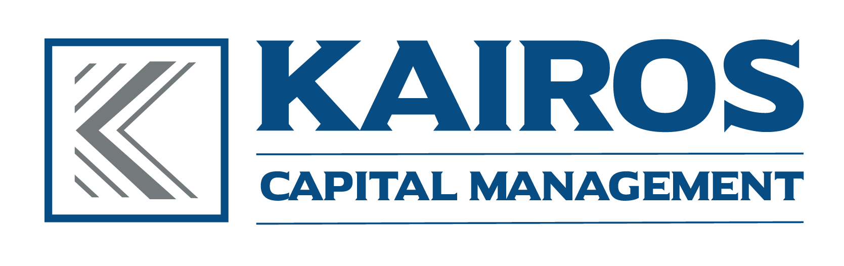 Logo Kairos Capital Management : texte bleu foncé et symbole géométrique à gauche.