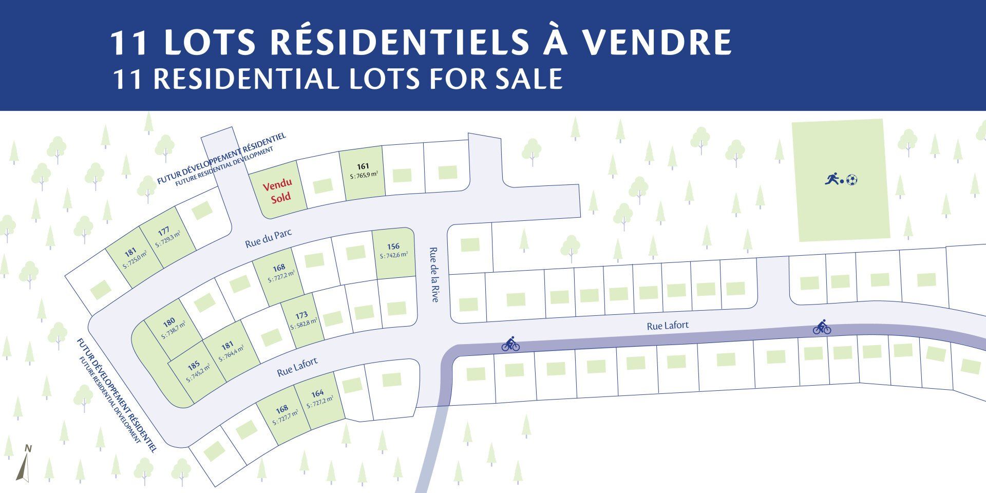 Carte des terrains résidentiels à vendre. 11 terrains sont situés dans un lotissement aménagé avec voirie et aménagement paysager.