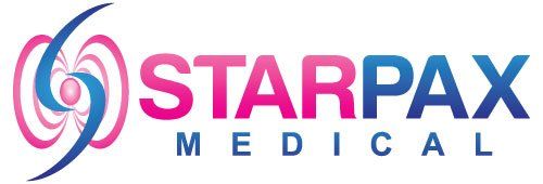 Logo médical StarPax avec des formes tourbillonnantes bleues et roses et du texte.