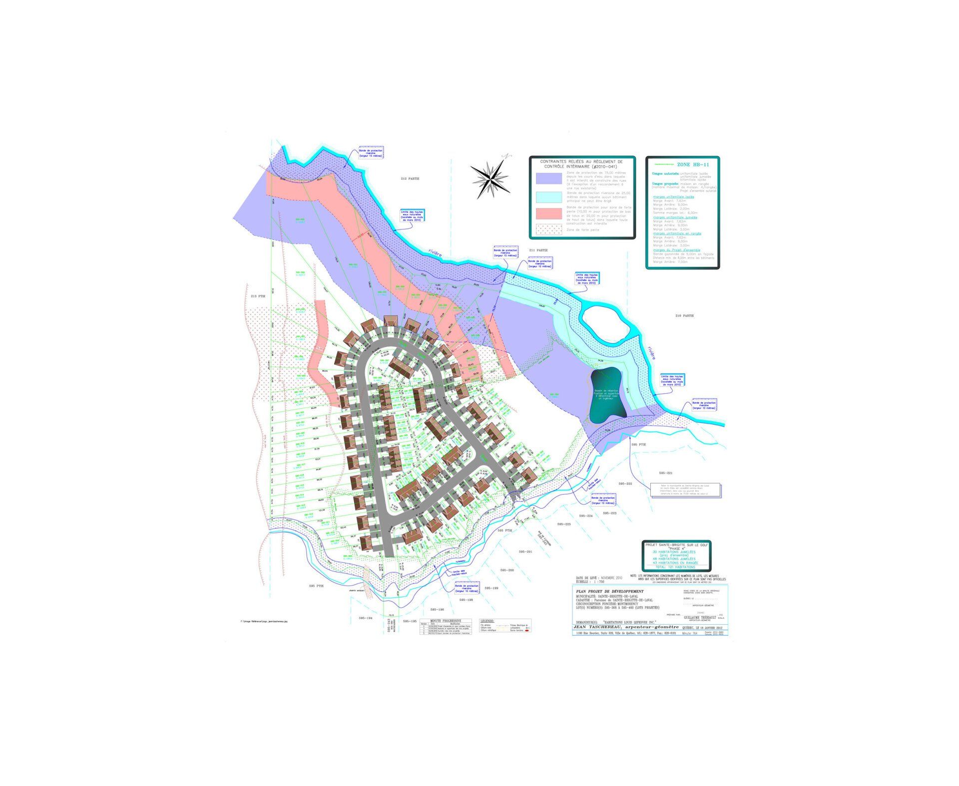 Une carte d'une zone résidentielle avec des maisons, des voies navigables et des zones colorées indiquant les caractéristiques du terrain.