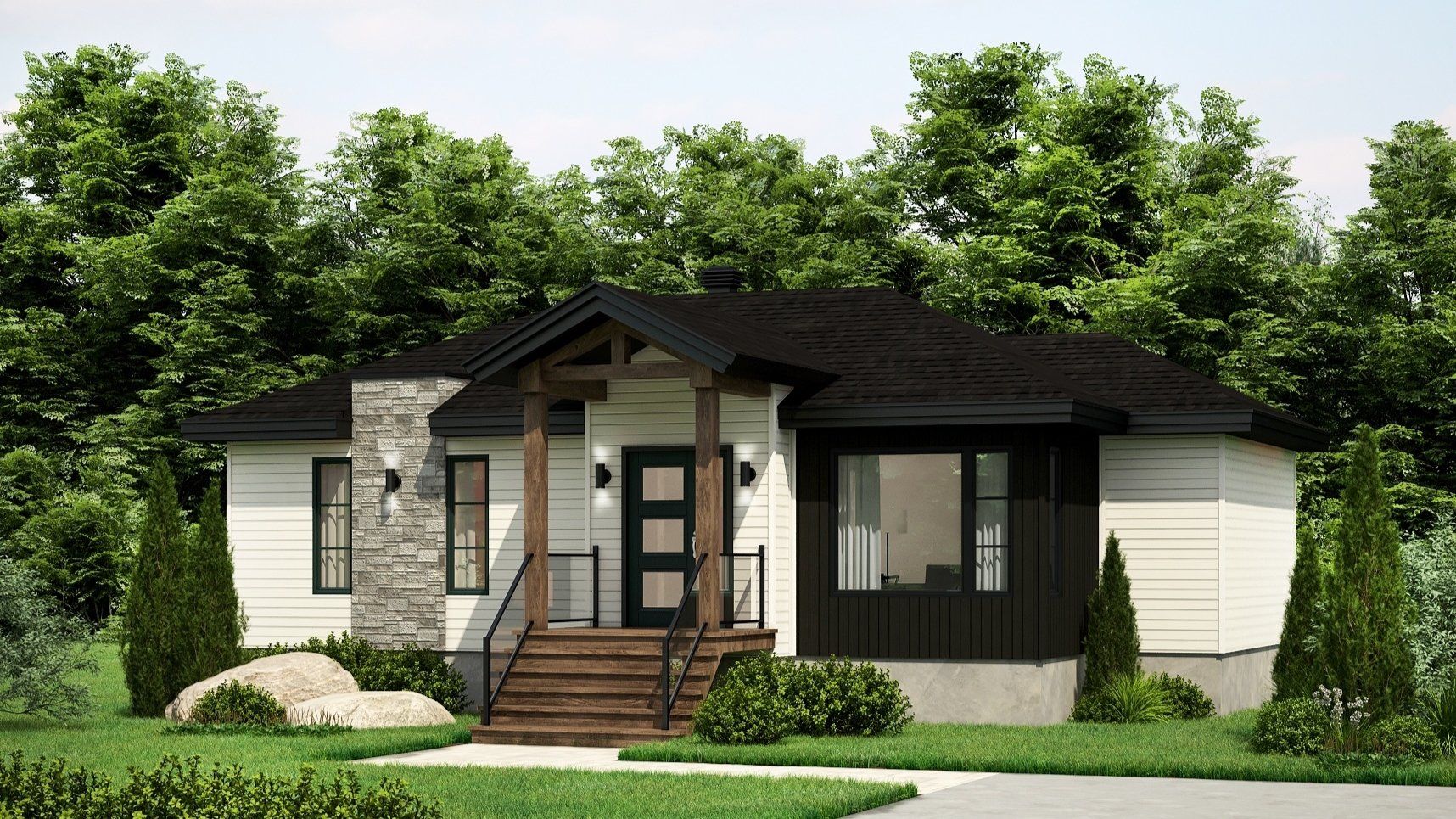 Bungalow moderne avec toit noir, accent en pierre et porte d'entrée sombre sur fond de verdure luxuriante.