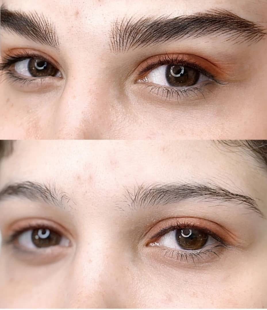 A comparison of eyebrows: top showing thick, shaped brows, and bottom showing thinner, sparse brows.