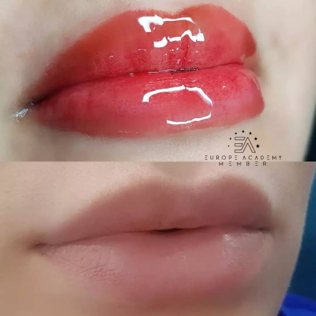 Before and after photo of a lip blushing procedure showing natural lips transformed into a glossy, pink-tinted shade.
