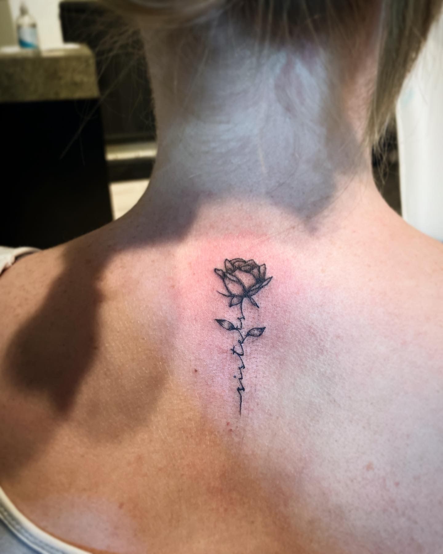 A small black ink tattoo of a rose with a delicate stem on the upper center of a person’s back, showing mild redness.