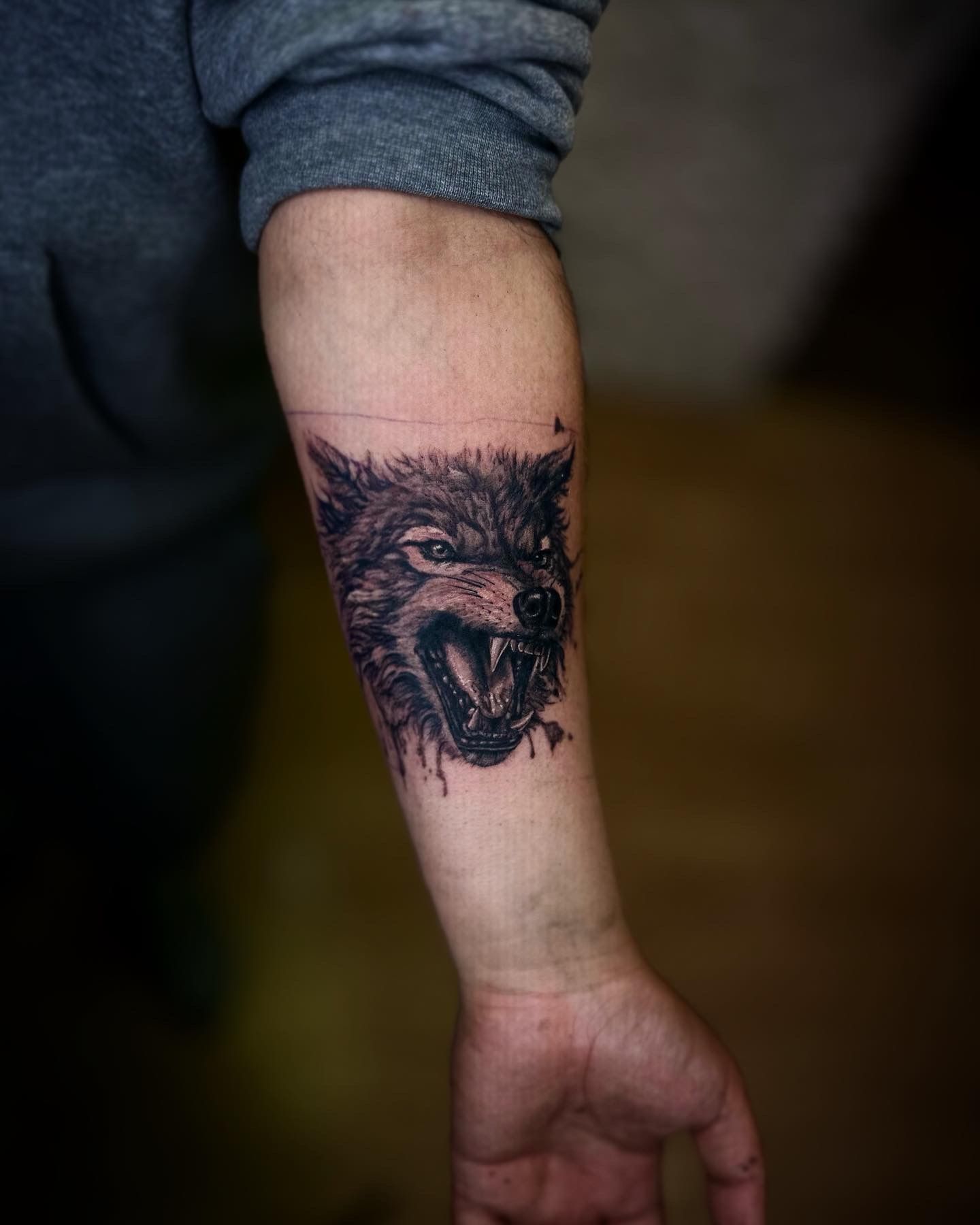 A close-up of a forearm featuring a detailed black and grey tattoo of a snarling wolf's head.