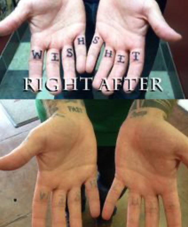 Two photos comparing fresh finger tattoos spelling