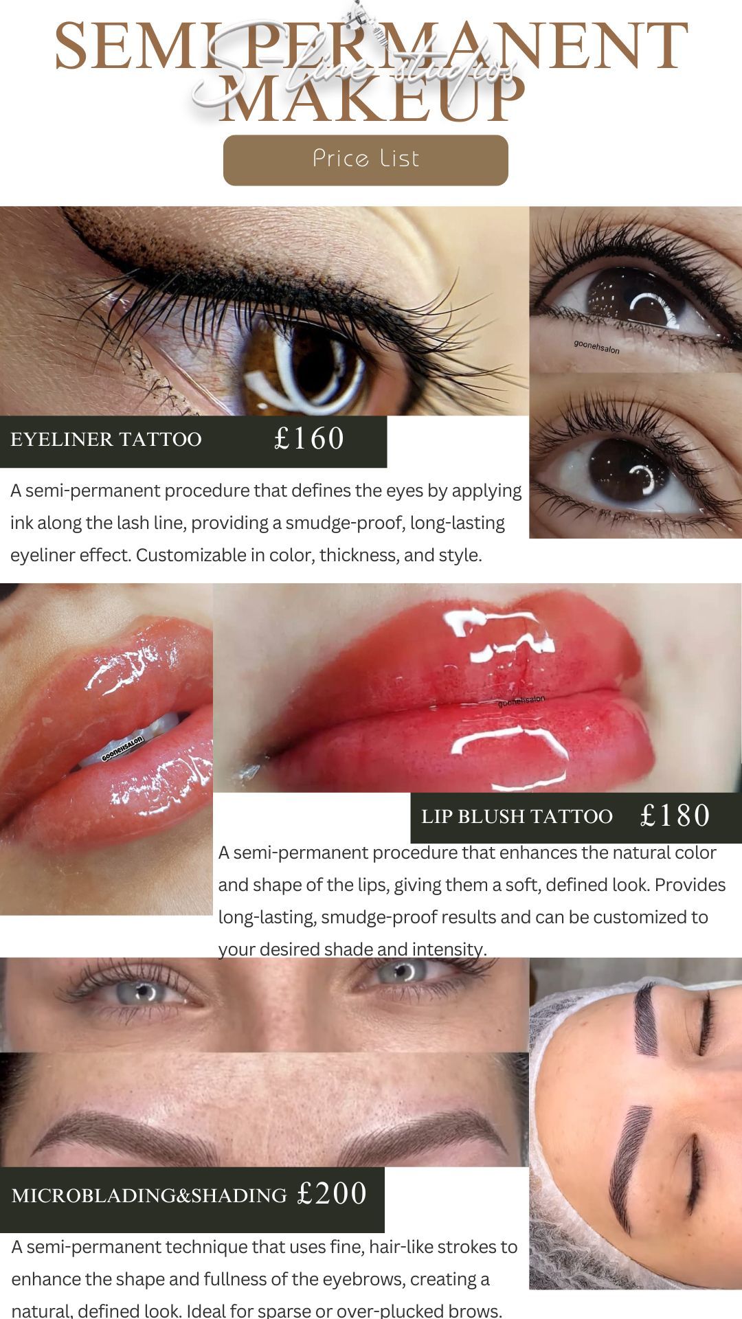 A price list for semi-permanent makeup: eyeliner (£160), lip blush (£180), and microblading/shading (£200) with close-up photos.