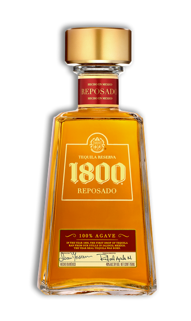 Bottle of 1800 Reposado tequila with a gold cap and a red and gold label.