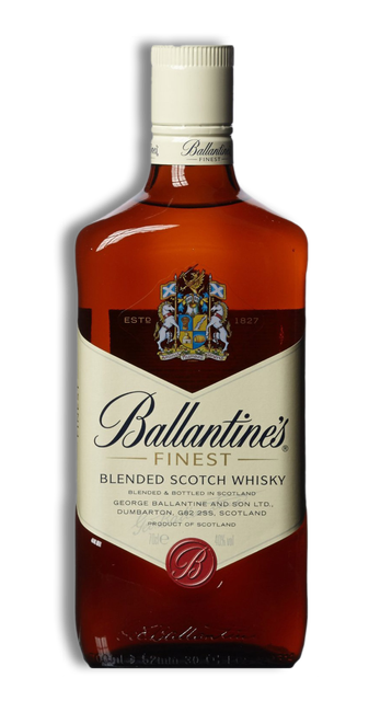 Bottle of Ballantine's Finest Blended Scotch Whisky, amber liquid, white label and cap, brown background.